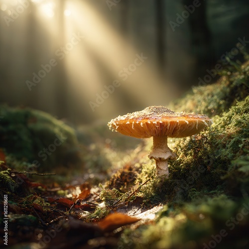 A single, perfect wild mushroom on the forest floor. Nature photography, macro. Dappled sunlight filtering through the trees, magical and natural mood. Surrounded by moss and.