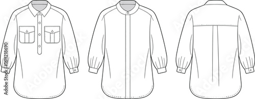Long sleeve fashion shirt design, flap pocket blouse layout, front and back view, cad drawing flat vector illustration, clothing  sleeve fashion shirt design, flap 