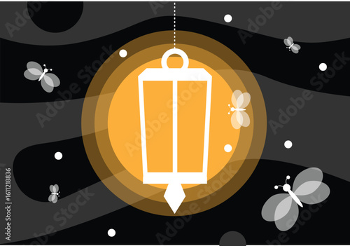 Moths Flying into the Light of a Lantern Flat Style. Insects and light equipment vector art, nature and wildlife