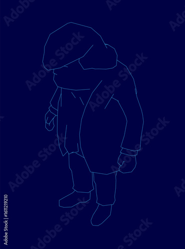 A man in a blue coat and hat stands against a dark blue background, rendered in clean line art style. The low poly contour design emphasizes bold simplicity.