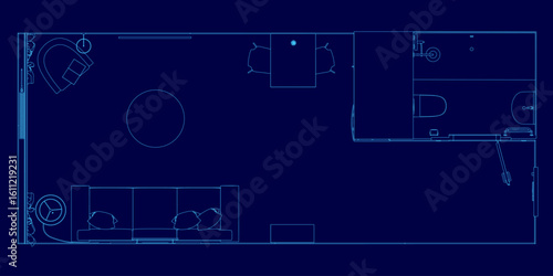 Blueprint of a studio apartment featuring a bed, desk, and chair with precise furniture placement. The contour lines highlight the bed size, window positions, and door locations.