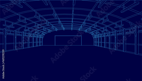 A detailed warehouse blueprint with blue background displays the interior layout and structural contours. The technical drawing includes labeled sections, precise measurements.