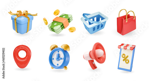 Set of 3d realistic shopping vector icons, promoting vector icons isolated on white background. Megaphone, timer, discount, smartphone shop, store, pointer, sale bag, gift
