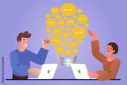 Team communication and idea exchange concept. Flat vector of two team members exchanging ideas through speech bubbles forming a light bulb. Creative dialogue and innovation concept.