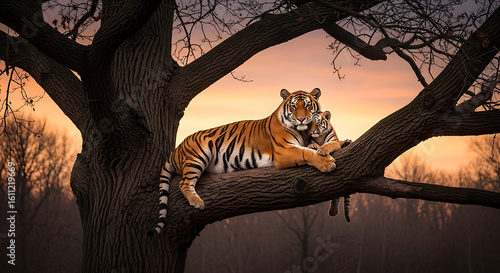 A majestic tigress and her adorable cub are resting peacefully on a sturdy tree branch against the backdrop of a vibrant sunset
