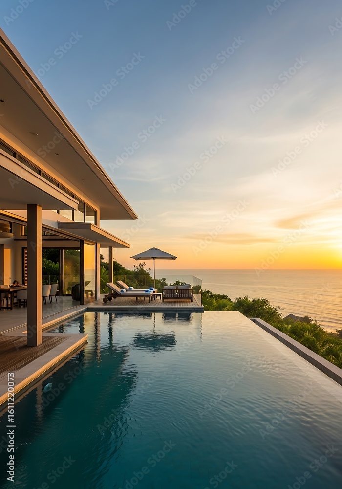 Fototapeta premium Luxury villa with infinity pool overlooking the ocean at sunset epitomizes paradise escape