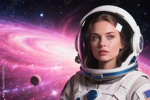 Astronaut in Space Suit Against a Vibrant Galactic Background