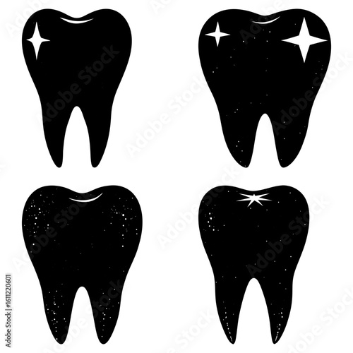 Four black teeth with different textures and sparkles on a white background dental health illustration