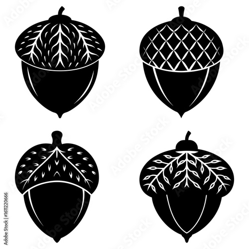 Four acorn silhouettes with different cap designs in black and white vector illustration image style