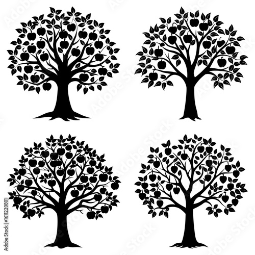 Four apple trees with leaves and fruits in black silhouette on a white background in a vector format
