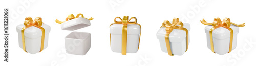 3d Realistic White Gift Boxes with Gold Ribbon Gift Bow Set. Christmas luxury Decoration Vector illustration. Opened and closed gift pack collection