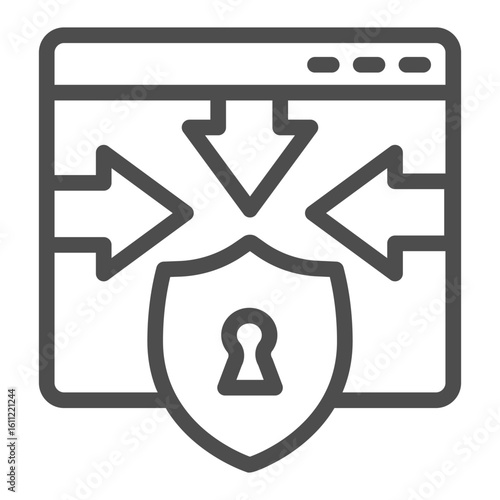 Website and arrows at shield with keyhole line icon, osint analytics concept. Vector graphics. Privacy lock, safety sign on white background, outline style icon for mobile or web design.