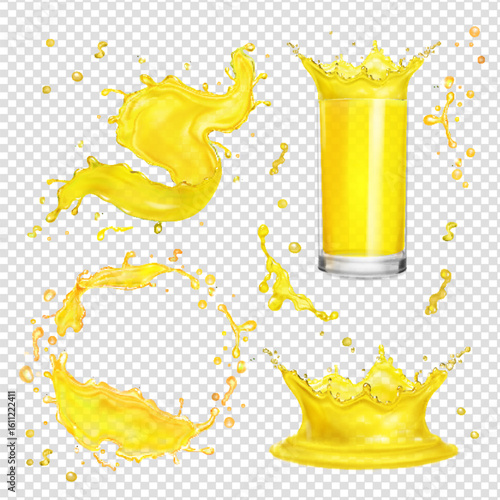 Lemon juice splash, mango splashes. Yellow paint, mango, pineapple drink, transparent glass Yellow beverage lemonade soda logo. Realistic vector set isolated