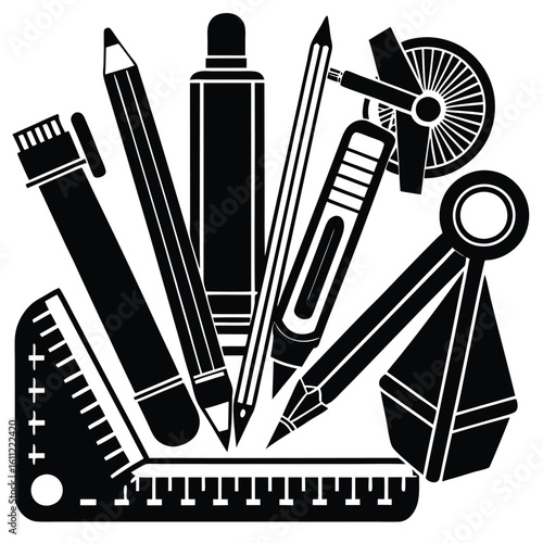 Essential Stationery for Students and Artists: Pens, Pencil, Ruler, and Compass