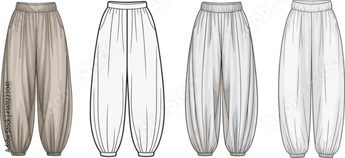 Loose fit harem pants front and back view, gathered cuff design, baggy style fashion illustration, technical garment flat sketch, vector clothing template for apparel