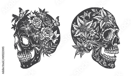 Two detailed skull silhouettes adorned with intricate floral patterns isolated on white background
