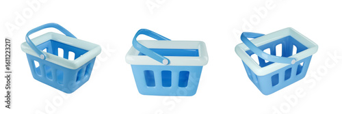 3d realistic blue shopping cart set. Empty shopping basket collection. Plastic market shop bag. 3D Render. Vector illustration
