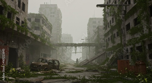 Overgrown Abandoned City Street with Crumbling Buildings on Foggy Day