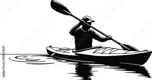 Man Kayaking Silhouette on Water, Adventure Sport Illustration, Outdoor Activity Design, Kayak Paddle Reflection, Black White Vector, River Canoeing, Solo Boating Icon