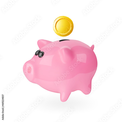 Piggy bank and gold coin. 3d pig icon. Money saving business concept. Realistic vector 3d design. Financial services. Safe finance investment.