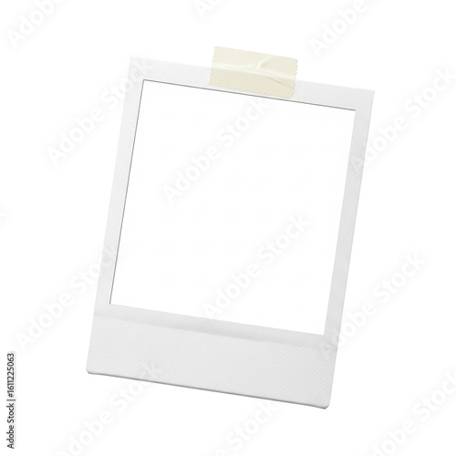Fototapeta Naklejka Na Ścianę i Meble -  Blank white instant photo frame in Polaroid style with textured borders and beige masking tape, isolated on a transparent seamless background with ample copy space and no shadows, concept for vintage