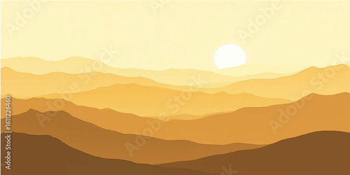 Sunset and Sunrise Over Mountain Landscape with Silhouettes and Mist