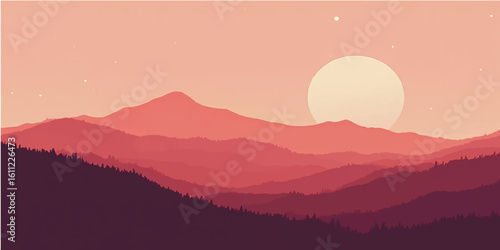 A breathtaking mountain landscape at sunset with mist covering the valley below a blue sky