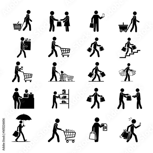 Black stickman icons showing various supermarket shopping activities like pushing carts, carrying bags, checking phones, picking items, paying at cashier, and walking with groceries in minimal style.
