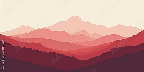 Vector illustration of a misty mountain landscape at sunrise with a forest silhouette and blue sky