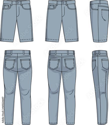 Men’s denim shorts and jeans front, back, side view, flat vector fashion sketch, detailed clothing design template, technical apparel drawing for garment illustration