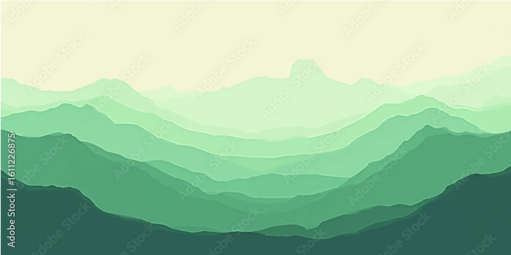 Fototapeta premium Mountain landscape with misty peaks and sunrise sky over forested hills and valleys