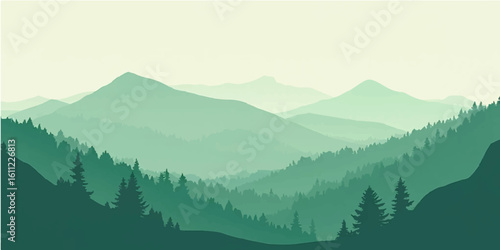 Sunset silhouette of mountain peaks and valleys in a misty blue forest landscape with a cloudy sky