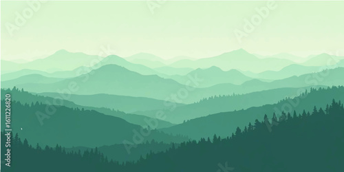 Misty morning landscape of mountains and valleys with a beautiful view of a sunrise over a calm lake