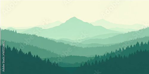 Morning fog settles in a mountain landscape with a fiery sunrise over the forest