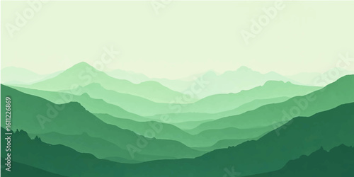 Misty Mountain Landscape at Sunrise with Clouds and Forested Hills