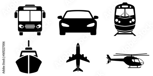 Black Silhouette Icons of Transportation Vehicles – Car, Bus, Train, Ship, Airplane, Helicopter – Minimalist Front and Top View Style for Web, Apps, Infographics, UI, and Graphic Design
