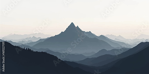 Sunrise over misty mountain peaks in the morning with scenic valley view