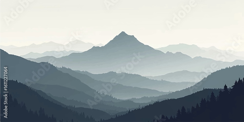 Misty mountain landscape in the morning with foggy hills and sunrise view