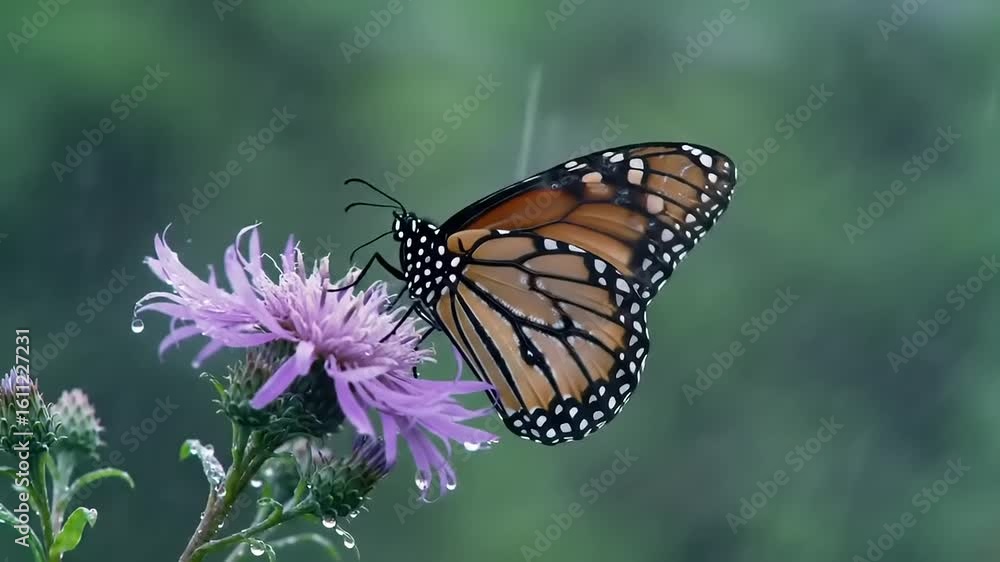 A monarch butterfly sips nectar from a purple flower in the rain A monarch butterfly sips nectar from a purple flower in the rain