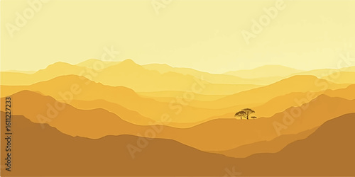 Vibrant orange and yellow sunlight pierces through the morning fog, casting long shadows across the desert landscape and distant mountains