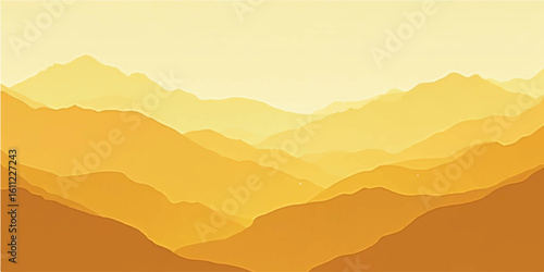Vector illustration of a scenic mountain landscape with peaks, sun, and clouds