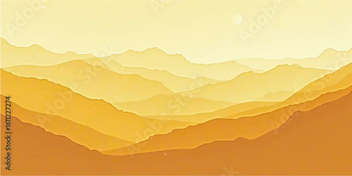 Misty mountain range silhouetted against a vibrant sunset sky