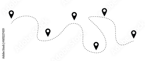 Route Map Vector Design, Dotted Line Path with Location Pins for Travel Navigation