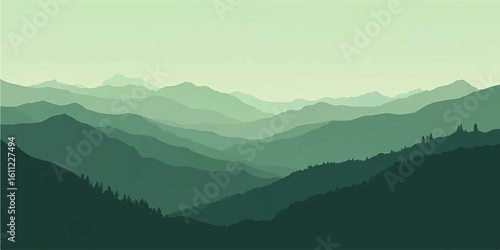 Morning mountain landscape with foggy hills, clouds, and a scenic valley view