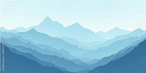 Misty blue mountain peaks and valleys in a majestic morning landscape with a cloudy sky