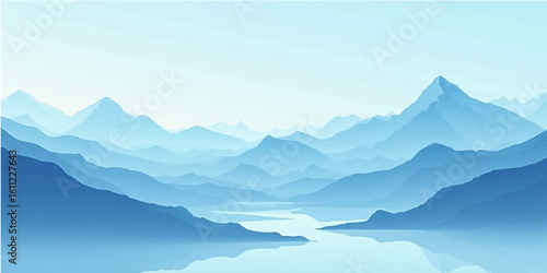 Mountains in a misty morning landscape with a vibrant blue sky and a hint of a sunrise peak