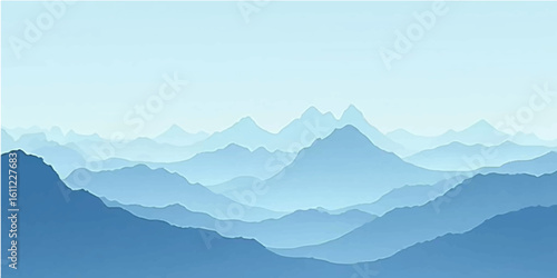 Sunrise over misty mountain peaks and a serene valley