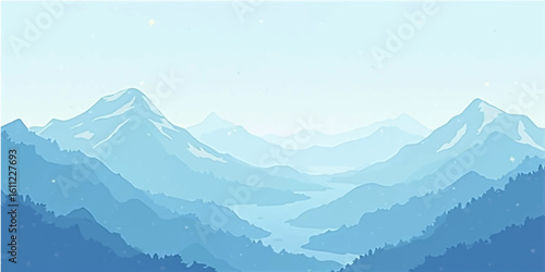 Misty morning in the mountains with a panoramic view of the snow-covered peaks and a vibrant sky at sunrise