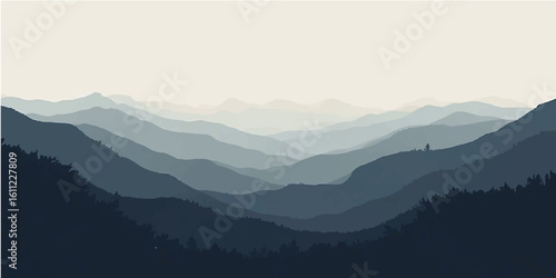 Blue morning sky with a misty forest and mountain peaks on the horizon