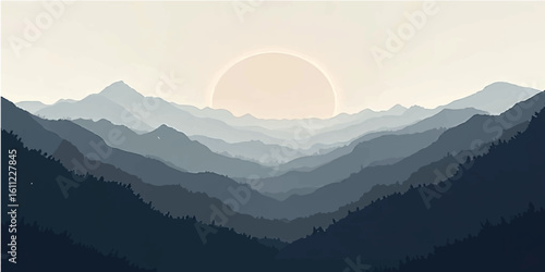 Mountain landscape with a beautiful sunrise, with fog and clouds over the valley